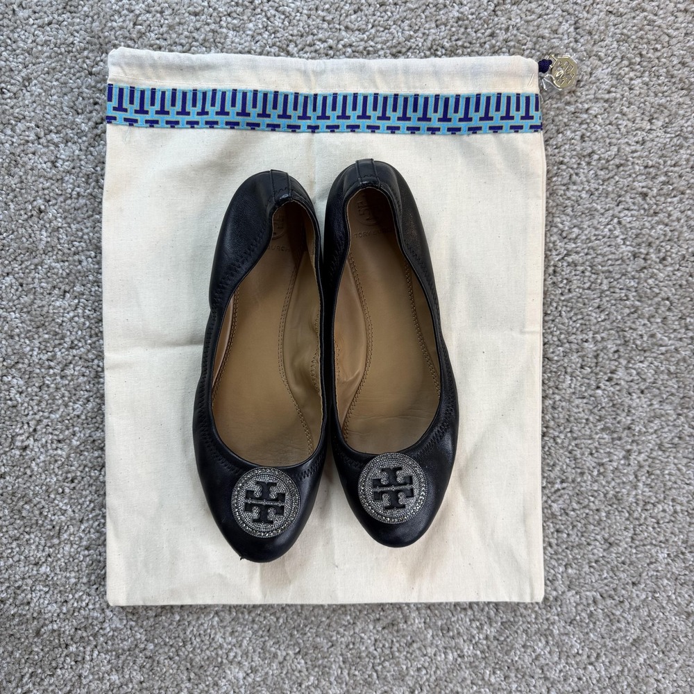 Tory Burch Shoes Womens Size 9 Black Leather Ballet Flats Logo Medallion Slip On